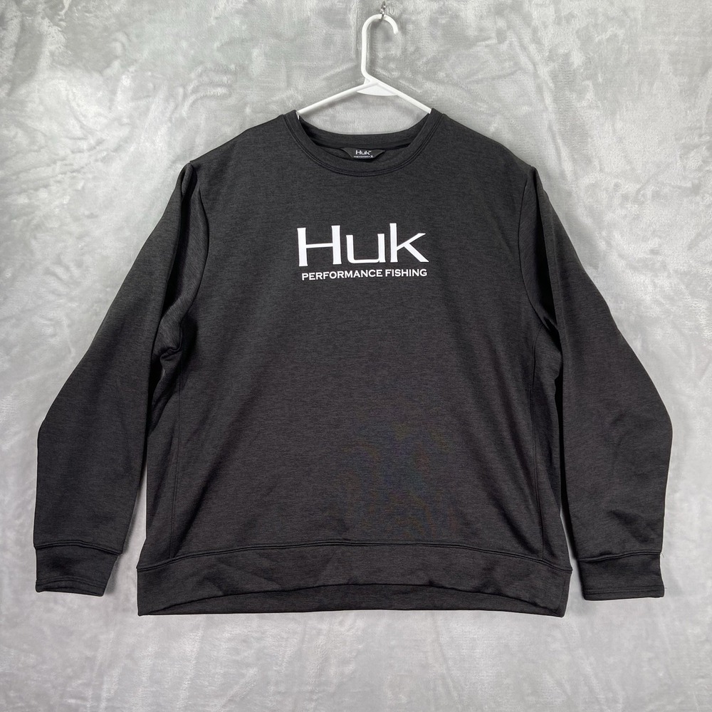 HUK Fishing Sweatshirt Mens XL Performance Crew Neck Pullover Fleece Lined Black